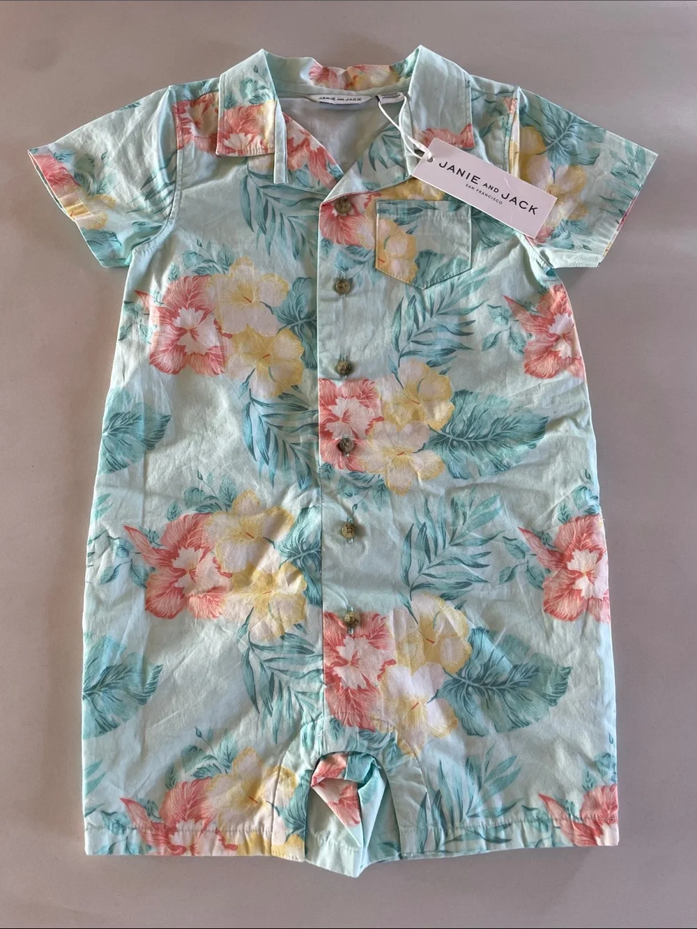 NWT Janie and Jack Aqua Tropical Romper Floral Shortalls 18-24 Month Cotton